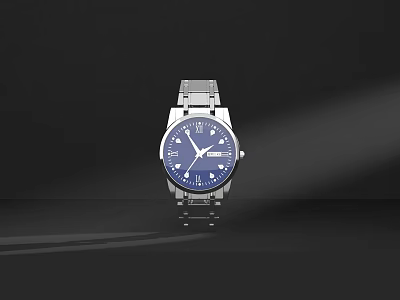 Classic Watch With Blue Dial Silver Metal Strap And Roman Numerals 3d model