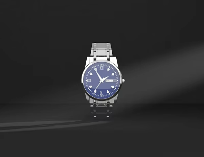 Classic Watch With Blue Dial Silver Metal Strap And Roman Numerals 3d model