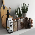 Essential Kitchen Tools With Wooden Cutting Board Knife Glass Jars Pepper Grinder And Fresh Rosemary