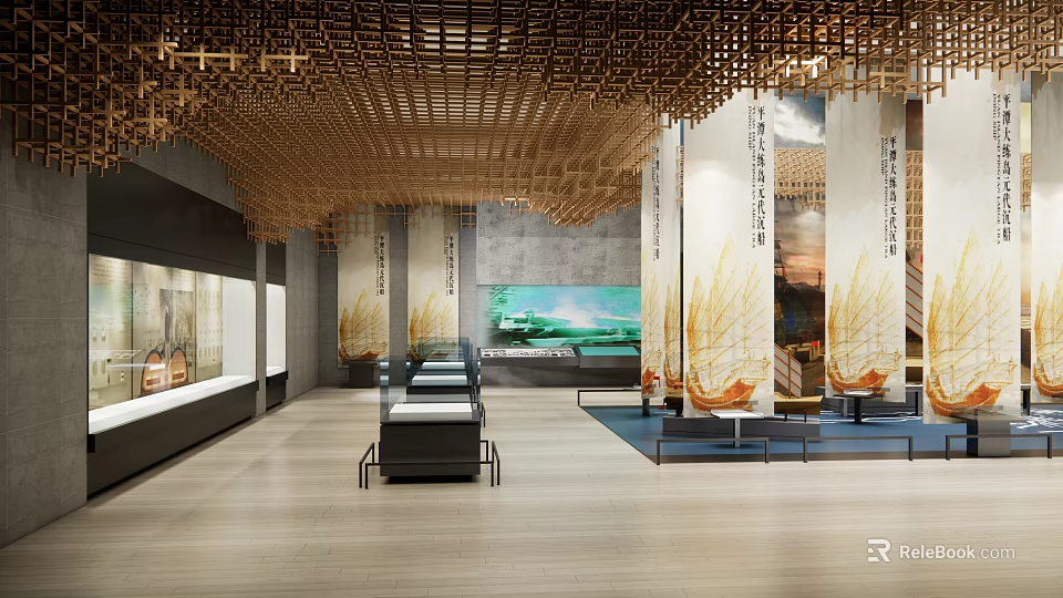 Traditional Modern Cultural Center Featuring Wooden Lattice Ceiling Large Landscape Painting Backdrop And Display Cases 3d model 