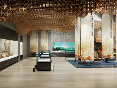 Traditional Modern Cultural Center Featuring Wooden Lattice Ceiling Large Landscape Painting Backdrop And Display Cases 3d model