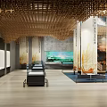 Traditional Modern Cultural Center Featuring Wooden Lattice Ceiling Large Landscape Painting Backdrop And Display Cases