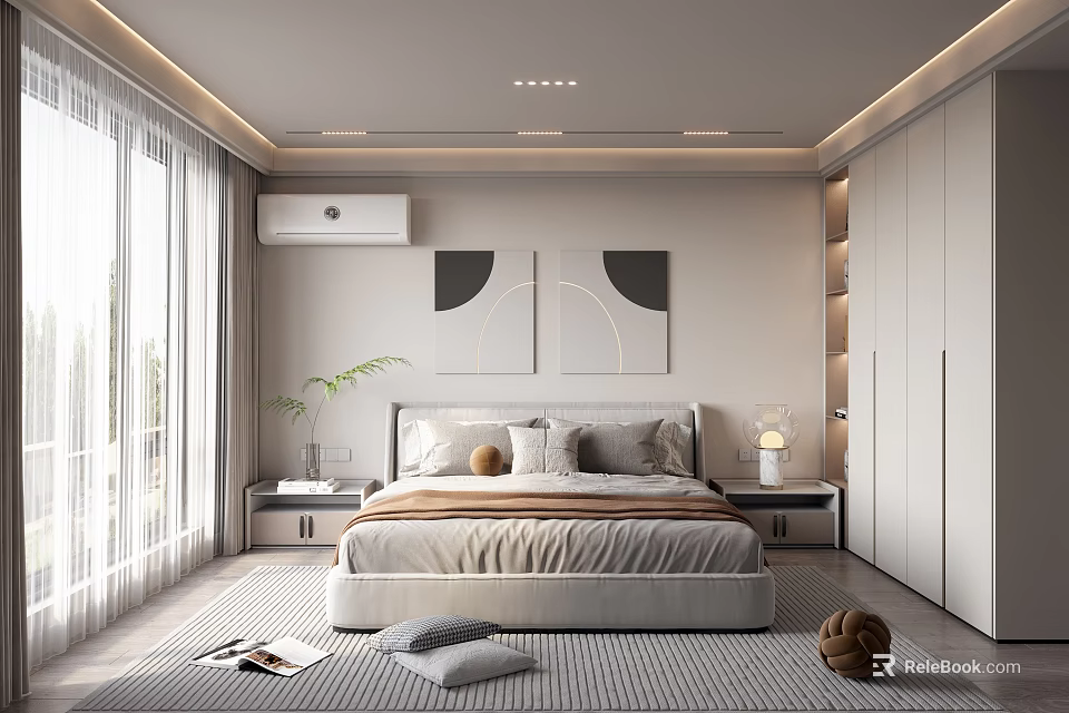 Modern Minimalist Bedroom With King Bed Gray Beige Pillows Geometric Art White Wardrobes Recessed Lighting 3d model 