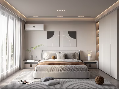 Modern Minimalist Bedroom With King Bed Gray Beige Pillows Geometric Art White Wardrobes Recessed Lighting 3d model