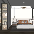 Modern Minimalist Bedroom Interior With Platform Bed Open Wardrobe Desk And Pendant Light