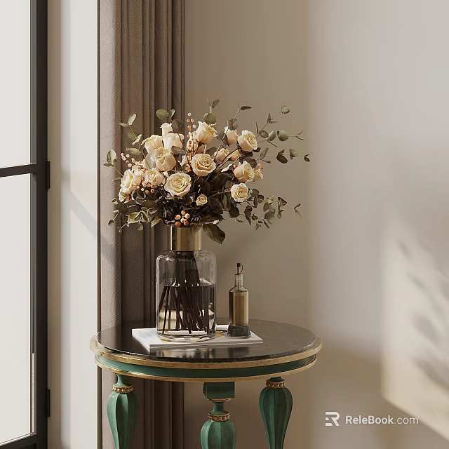 Decorative Ornament Set With Glass Vase Roses Greenery And Metal Bottle On Round Table 3d model 