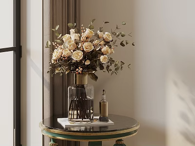 Decorative Ornament Set With Glass Vase Roses Greenery And Metal Bottle On Round Table 3d model