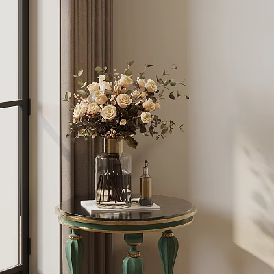 Decorative Ornament Set With Glass Vase Roses Greenery And Metal Bottle On Round Table 3d model