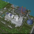 Aerial View Of Industrial Plant With Tall Chimneys Surrounding Greenery And Waterfront Facilities