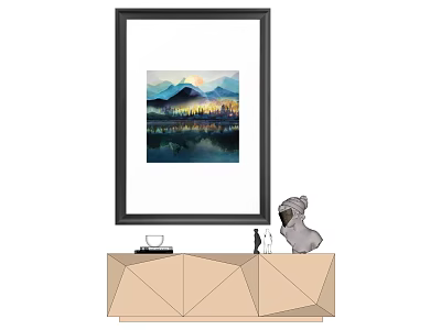 Black Framed Landscape Painting With Mountain Sunset And Water Reflection On Geometric Cabinet 3d model
