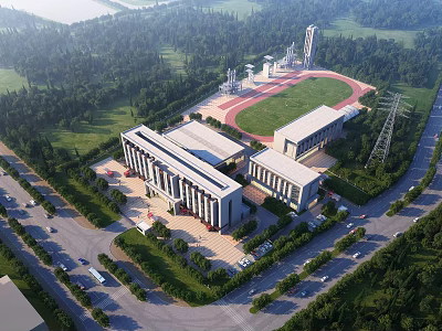 Scenic Modern Office Complex With Green Trees Roads Parking And Open Space 3d model