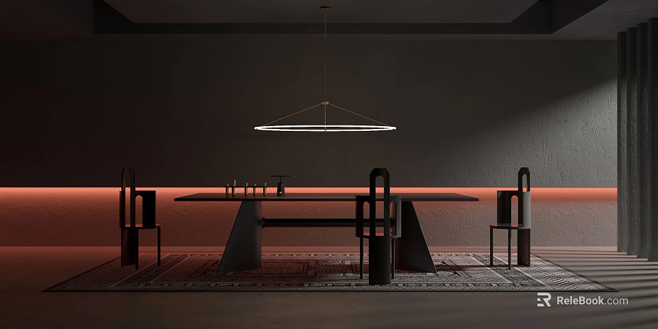 Modern Dining Table Set With Minimalist Chairs And Hanging Pendant Light 3d model 