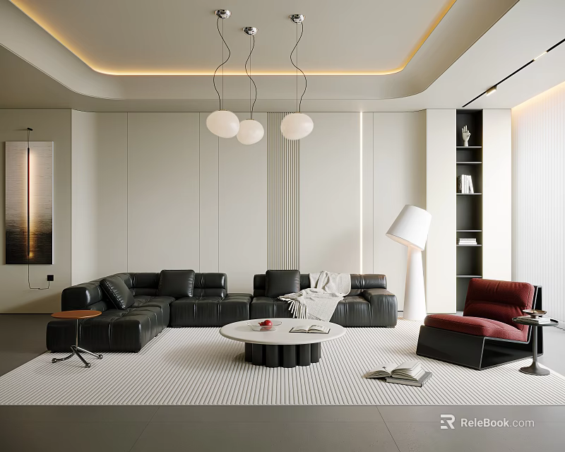 Modern Living Room Featuring Black L shaped Sofa White Rug Round Coffee Table And Red Chair 3d model 