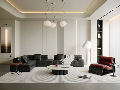 Modern Living Room Featuring Black L shaped Sofa White Rug Round Coffee Table And Red Chair 3d model
