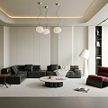 Modern Living Room Featuring Black L shaped Sofa White Rug Round Coffee Table And Red Chair