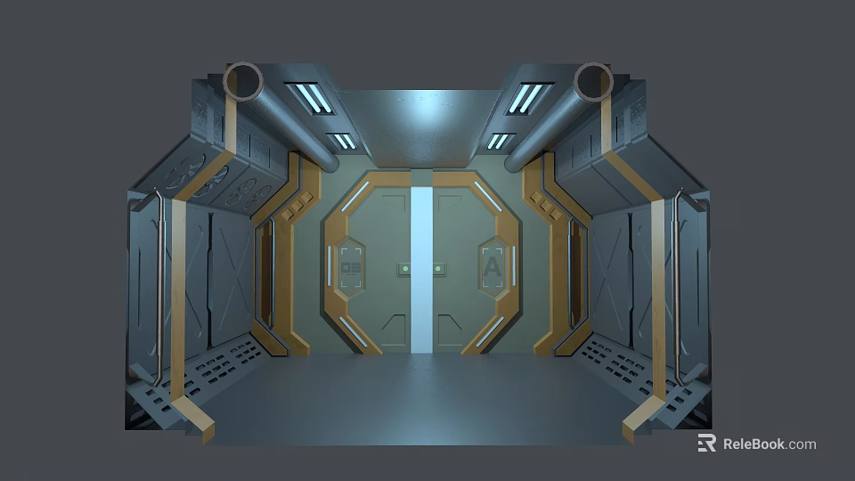 Sci Fi Style Elevator Interior With Metallic Finish Symmetric Design And LED Strip Lights 3d model 