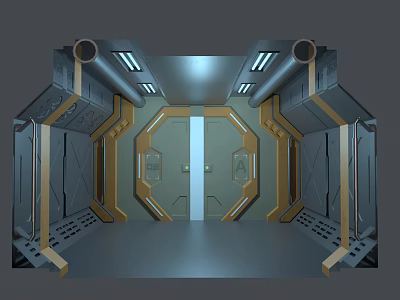 Sci Fi Style Elevator Interior With Metallic Finish Symmetric Design And LED Strip Lights 3d model