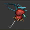 3D Character Design With Red Hair Golden Headdress Axe And Blue Geometric Lightning Elements
