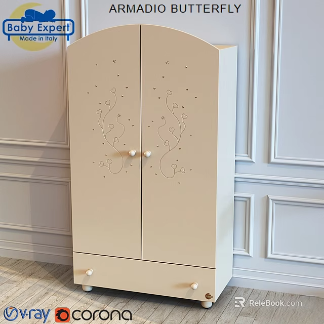 Elegant Beige Double Door Wardrobe With Hearts Vine Patterns And Bottom Drawers In Interior 3d model 