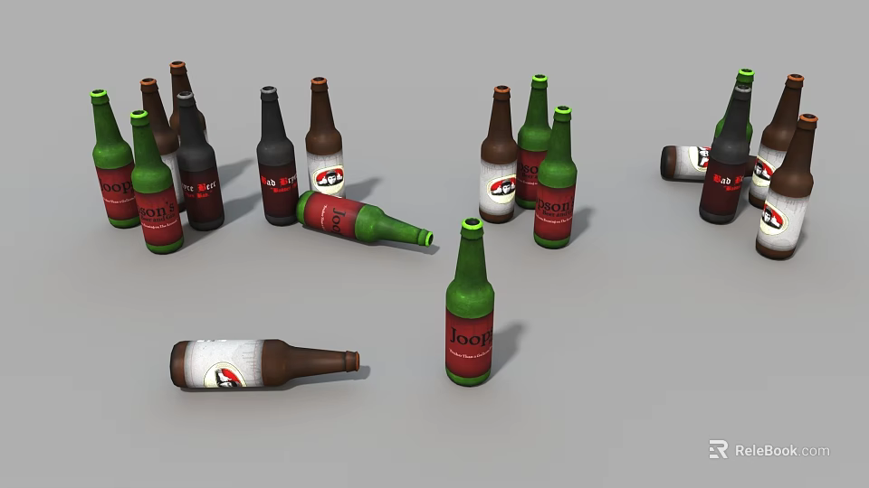 Assorted Beer Bottles in Green Brown Black Standing and Lying with Hop Labels 3d model