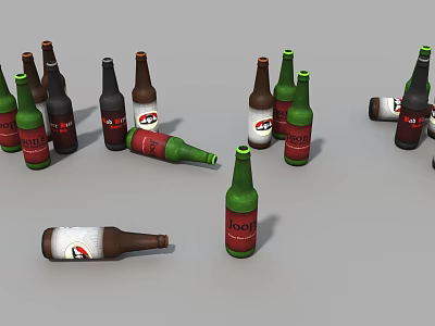 Assorted Beer Bottles in Green Brown Black Standing and Lying with Hop Labels 3d model