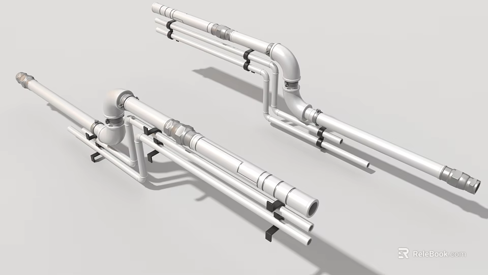 Industrial Equipment Metal Pipeline System With Elbow Fittings And Support Brackets 3d model 