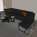 Modern Black Leather Sofa And Coffee Table Set With Brown Armchair And Gray Rug