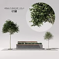 Urban Garden Decor Features With Wooden Bench Green Foliage And Trees On Slate Pavement
