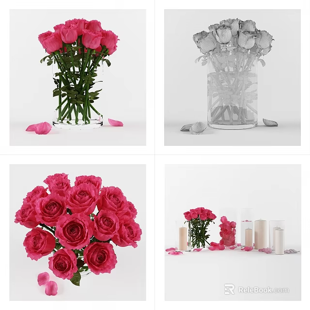 Elegant Pink Roses in Transparent Vase with Scattered Petals and Decorative Candles 3d model 