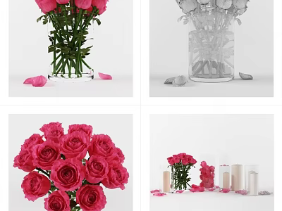 Elegant Pink Roses in Transparent Vase with Scattered Petals and Decorative Candles 3d model