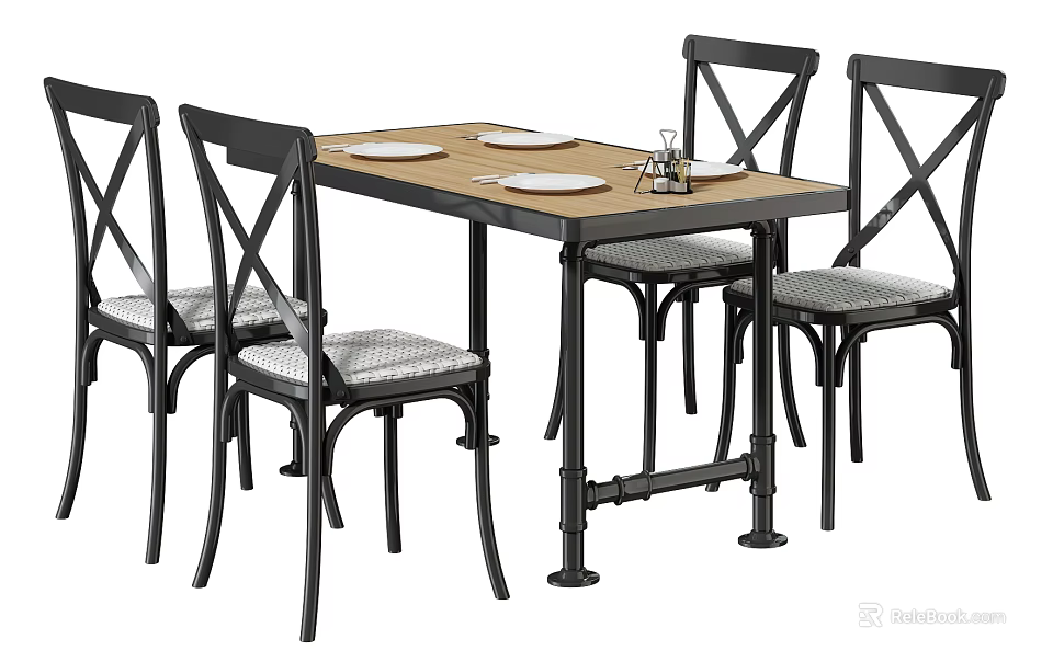 Rustic Dining Table Set With Wooden Top Black Metal Frame And Cross Back Upholstered Chairs 3d model 