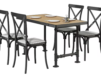 Rustic Dining Table Set With Wooden Top Black Metal Frame And Cross Back Upholstered Chairs 3d model