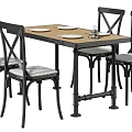 Rustic Dining Table Set With Wooden Top Black Metal Frame And Cross Back Upholstered Chairs