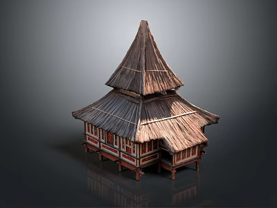 Cute Cartoon Scene of Traditional Two Story Building with Thatched Roof and Wooden Red Decorations 3d model