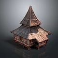 Cute Cartoon Scene of Traditional Two Story Building with Thatched Roof and Wooden Red Decorations