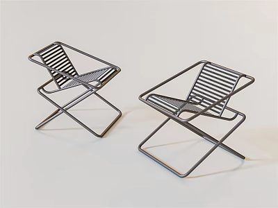 Two Modern Folding Leisure Chairs with Metal Frame and Striped Design 3d model
