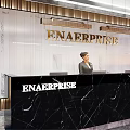 Modern Office Front Desk Reception With Enterprise Logo Black Marble Counter And Red Flower Bouquet