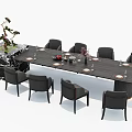 Modern Rectangular Dining Table Set With Black Chairs Marble Side Cabinet Tableware And Bonsai Plant 3d model