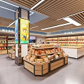 Modern Supermarket Corridor Design With Recycling Bin And Wooden Elements 3d model