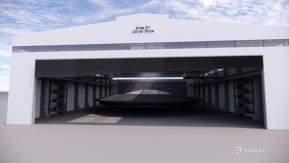 Aquarius Luxury Yachts Industrial Facility With White Exterior Black Yacht Inside And Open Doors 3d model 