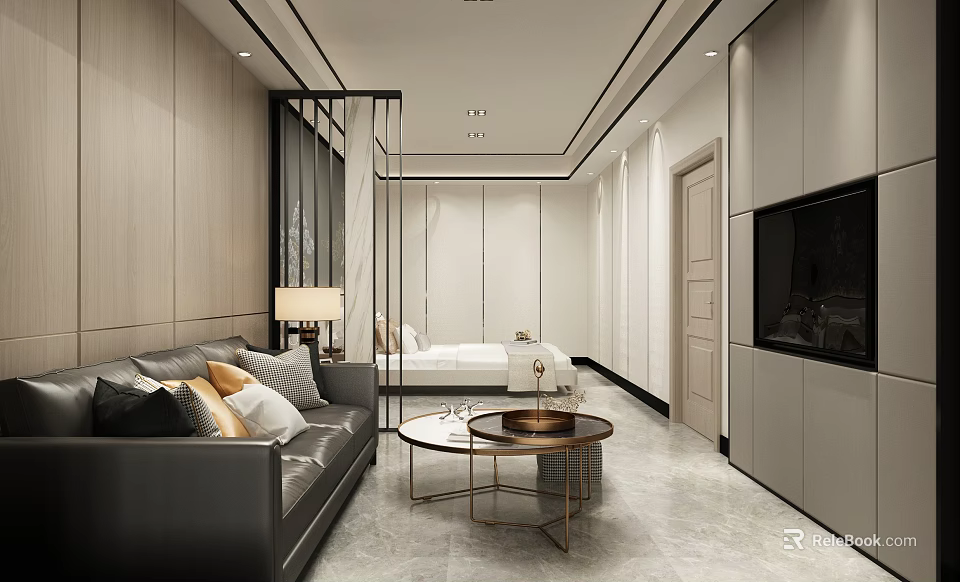 Modern Luxury Office Interior With Sofa Coffee Table TV Wall And Lighting Design 3d model