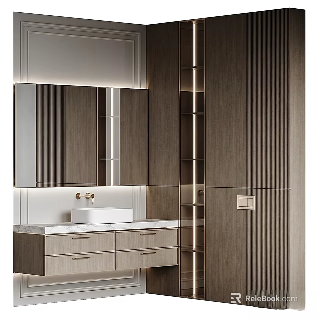 Modern Bathroom Vanity Design With Marble Countertop Wooden Cabinets And Mirror Lighting 3d model 