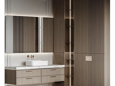 Modern Bathroom Vanity Design With Marble Countertop Wooden Cabinets And Mirror Lighting 3d model