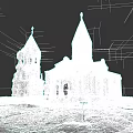 European Architecture Church Building With Spires Arched Doors Windows And Green Grass Pathways