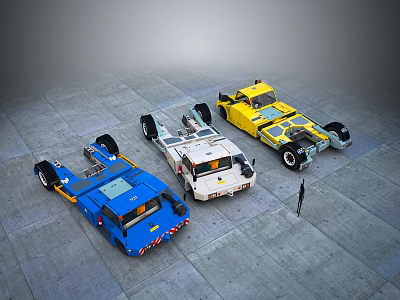 Three Colorful Toy Truck Models Blue White Yellow On Gray Ground With Small Figure 3d model