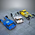 Three Colorful Toy Truck Models Blue White Yellow On Gray Ground With Small Figure