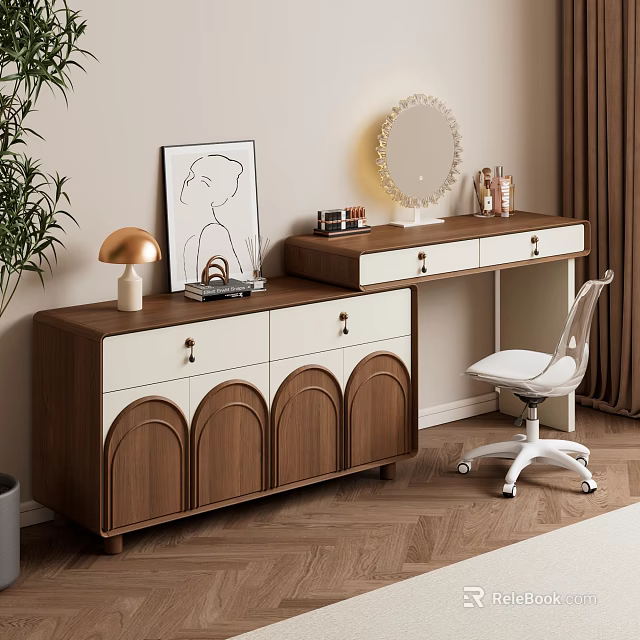 Modern Wooden And White Dressing Table With Curved Drawers Round Mirror Cosmetics And Clear Chair 3d model 