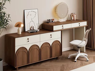 Modern Wooden And White Dressing Table With Curved Drawers Round Mirror Cosmetics And Clear Chair 3d model
