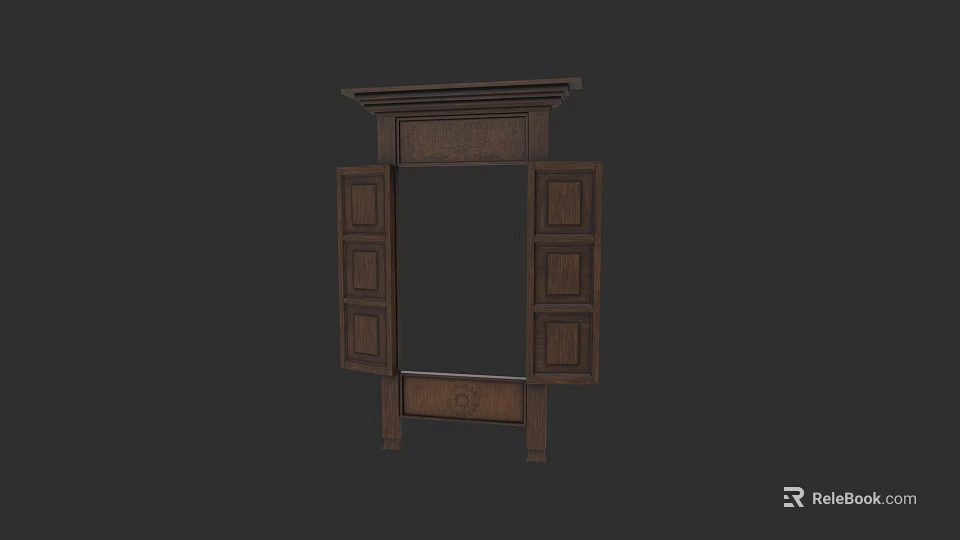 Classic Wooden Carved Window Featuring Detailed Intricate Design And Frame Panels 3d model 