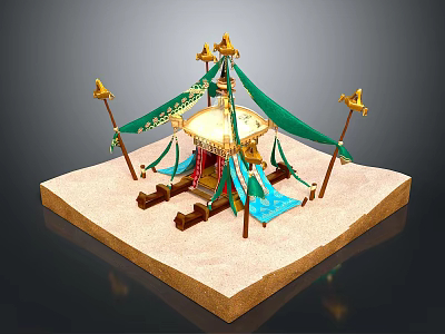 Elegant Traditional Tent Structure With Green Canopies Golden Ornaments Pillars And Blue Carpet 3d model